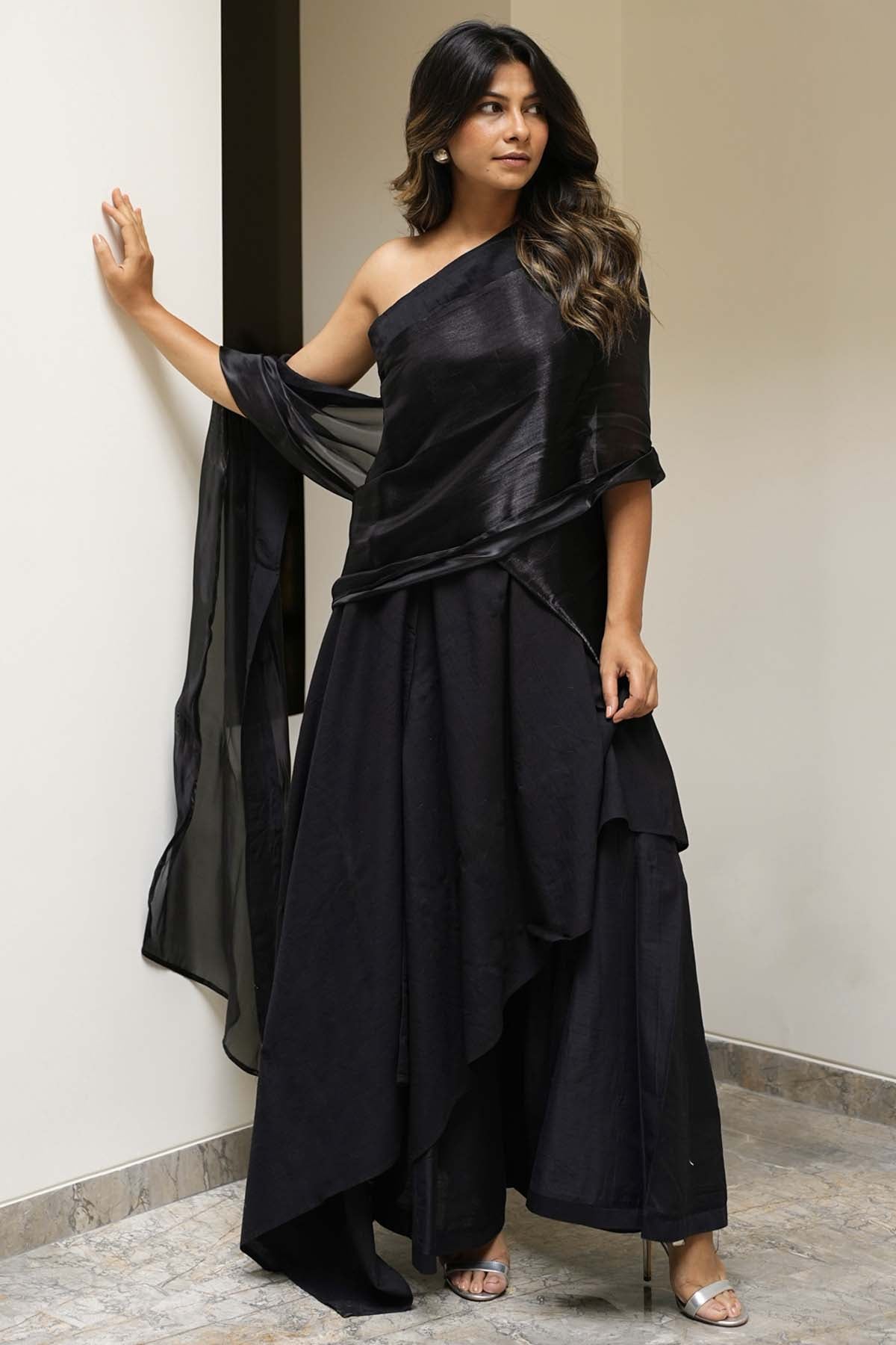 Buy Black Slub Silk Saree Co-ord Set For Women's available at ScrollnShops